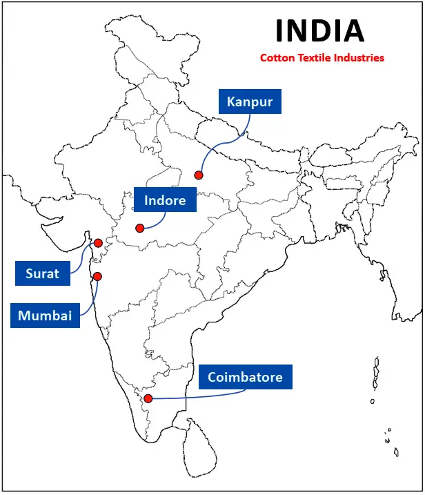 Geography Class 10 Map Work Chapter 6 Manufacturing Industries -Cotton Textile Industries