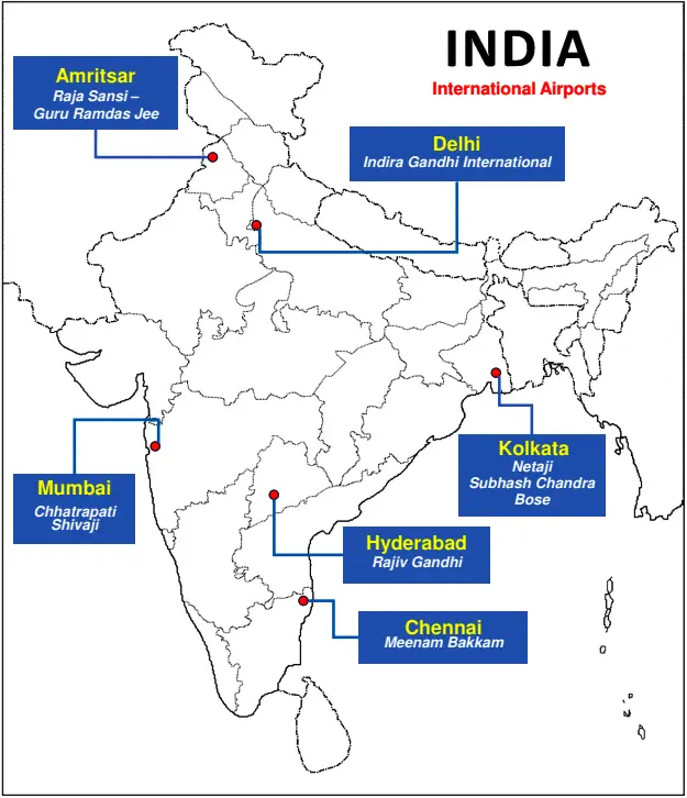 Geography Class 10 Map Work Chapter 7 Life Lines of National Economy - International Airports