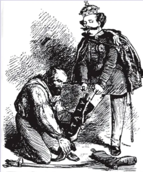 Fig. 15 - Garibaldi helping King Victor Emmanuel II pull on the boot