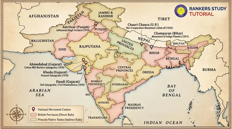 Map of Major Centres of Indian National Movement