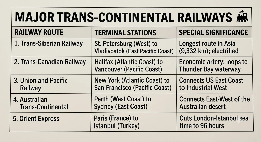 Class 12 Geography (Fundamentals of Human Geography) — Chapter 7: Transport and Communication g 12 07 major trans continental railways
