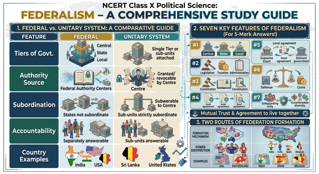 Class 10 Political Science Chapter 2 – Federalism Revision Notes ps2 federal vs unitary